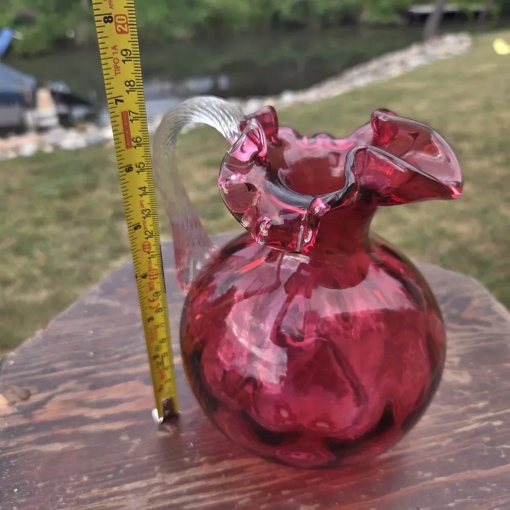 VTG Cranberry Glass Pitcher Ruffled Rim Clear Reeded Handle Optic 6.5 Inch